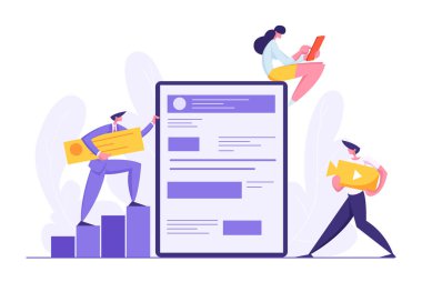 Web Yazılım Geliştirme Kavramı. Geliştirici Karakterler Sosyal Medya İçeriği ile Web Sitesi Oluşturun. Erkek ve Kadın Programcı Kodlama Mobil App. Vektör düz karikatür illüstrasyon