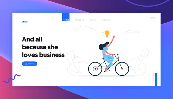 Creative Business Solution Banner Concept. Happy Businesswoman Character on a bike Getting Idea as a Lightbulb. Symbol of Leadership, Brainstorming, New Idea, Innovations, Success Website, Landing Page. Vector flat cartoon illustration — Stock Vector