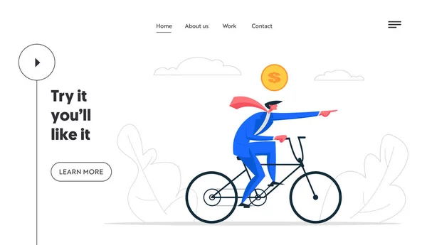 Creative Solutions Conceito de Banner de Negócios. Empresário Personagem de condução de bicicleta. Símbolo de Running a Company, Gerenciamento, Liderança, Inovação, Finanças Site, Página de desembarque. Ilustração de desenho animado plano vetorial —  Vetores de Stock