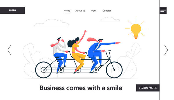 Creative Idea Teamwork Banner Concept. Business Team Riding Tandem Bicycle. Businessmen Characters on Bike. Cooperation Leadership Metaphor Website Landing Page. Vector flat cartoon illustration