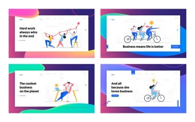 İş Takım Çalışması İşbirliği Web Sitesi, Banner Set. İşadamları Karakterler Bisiklet sürme. Takım Holding Finansal Ok Grafiği Açılış Sayfası. Vektör düz illüstrasyon