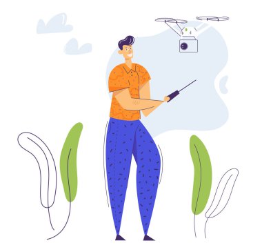 Uzaktan Kumandalı Uçan Drone. Video Fotoğraf Kamera Uçuş Gadget Teknolojisi. Hava İhA'sını Kontrol Eden Adam Kadın. Vektör düz karikatür illüstrasyon