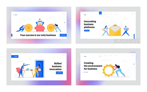 包含字符和银行的金融投资 Web 横幅模板。人们通过电子邮件营销社交媒体技术。商人与齿轮网站着陆页。矢量平面插图 — 图库矢量图片