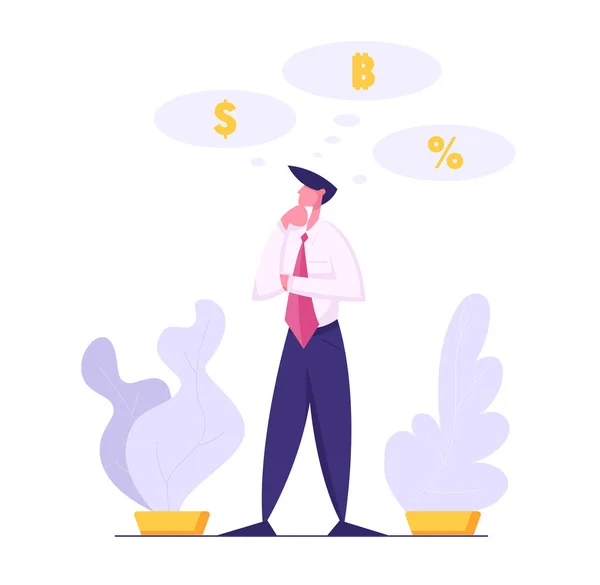 Businessman Character Thinking in Doubt. Thoughtful Man Making Decision about Financial Investment. Business Opportunity Concept. Vector flat cartoon illustration