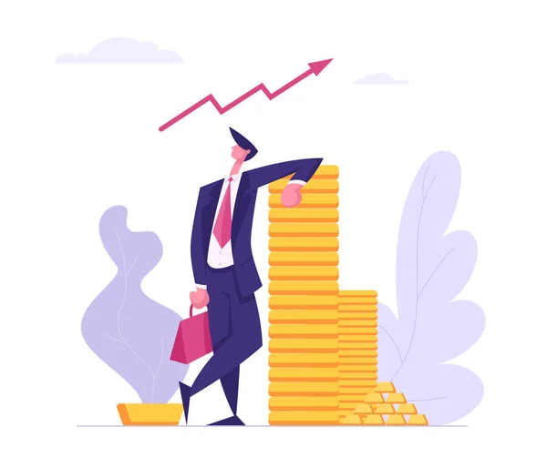 Personaje exitoso de negocios con dinero en efectivo. Concepto de riqueza salarial de beneficios financieros. Rich Businessman Making Savings Increasing Capital. Vector plano ilustración de dibujos animados — Archivo Imágenes Vectoriales