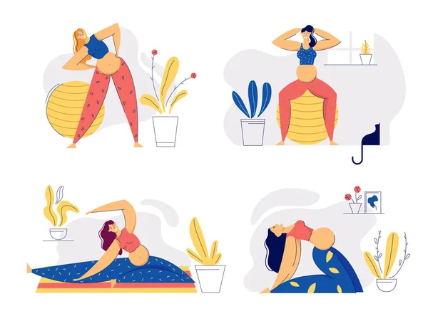 Zwangere vrouw in yoga poses. Jonge zwangerschap moeder oefeningen aerobics. Sport gezonde levensstijl moederschap concept. Zwanger meisje met buik training. Vector platte cartoon illustratie — Stockvector