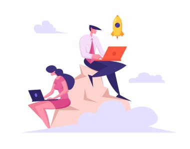 Laptop Dağın Tepesinde Çalışan İşadamları Ekibi. Geliştirici Launch Rocket Start Up Tepede. Freelancer Proje Yöneticisi Karakter Kavramı. Vektör düz illüstrasyon