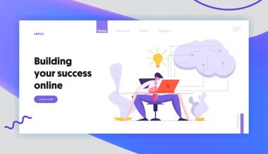 Laptop Açılış Sayfası ile Yazılım Geliştirici Kodlama. Yapay Zeka, Dijital Zihin Kavramı ile Erkek Karakter Proje Yöneticisi Programlama Web Sitesi banner, Web Sayfası. Vektör düz karikatür illüstrasyon