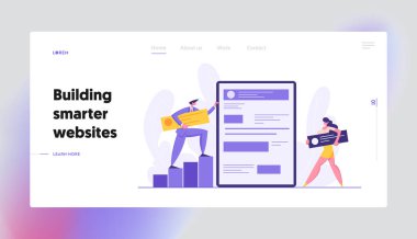 Web Yazılım Geliştirme Kavramı Banner. Geliştirici Karakterler Sosyal Medya İçeriği ile Web Sitesi Oluşturun. Erkek ve Kadın Programcı Kodlama Mobil Uygulama Açılış Sayfası. Vektör düz karikatür illüstrasyon