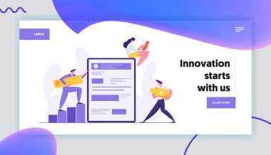 Web Yazılım Geliştirme Kavramı Banner. Geliştirici Karakterler Sosyal Medya İçeriği ile Web Sitesi Oluşturun. Erkek ve Kadın Programcı Kodlama Mobil Uygulama Açılış Sayfası. Vektör düz karikatür illüstrasyon
