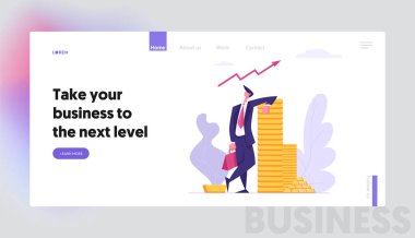 Para Nakit Açılış Sayfası ile Başarılı İş Karakteri. Mali Kar Maaş Servet Kavramı. Zengin İşadamı Tasarruf Artan Sermaye Banner Web Sitesi yapma. Vektör düz karikatür illüstrasyon