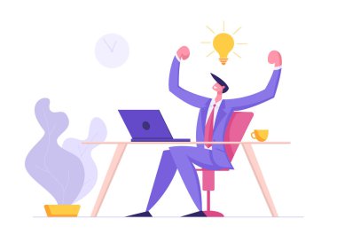 Happy Man Karakter Fikir Ampul sahip Laptop ile çalışma. Erkek Geliştirici Kodlama, Bilgisayarda Yazılım Geliştirme. Web Tasarımcısı Freelancer Kavramı. Vektör düz illüstrasyon