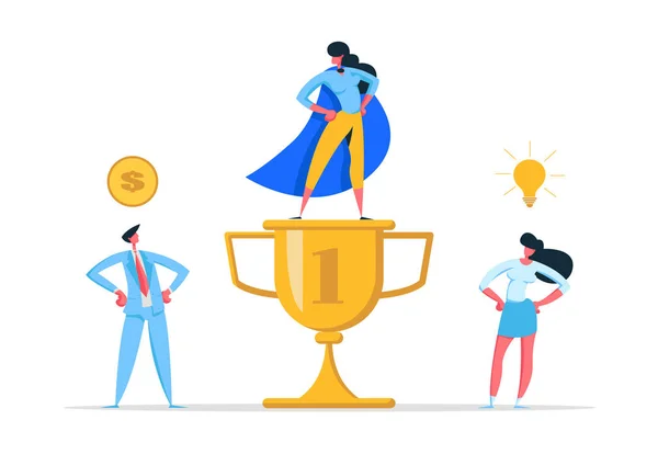 Business Team Success Concept avec personnages et prix d'or. Réalisation du travail d'équipe, Célébration de la Victoire, Super Businesswoman Hero Celebrating with Trophy. Illustration vectorielle plate — Image vectorielle