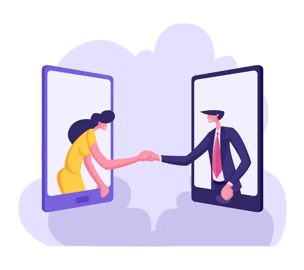 Business Partners Handshaking Through Smartphone Screens. Partnership Cooperation Concept with Businessmen Character Handshake Agreement. Vector flat cartoon illustration
