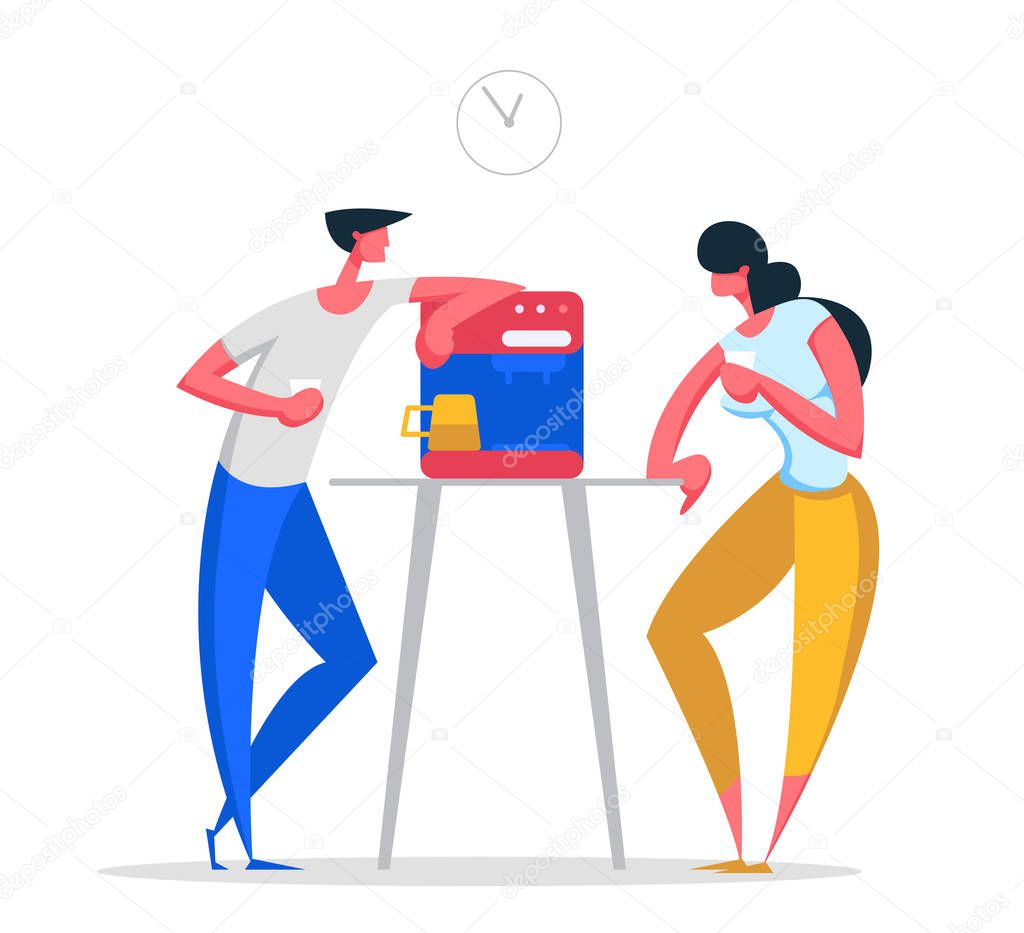 Business People on Coffee Break at Work. Man and Woman Characters Lunch Time. Employees Drinking Hot Drinks Having Break. Vector flat cartoon illustration