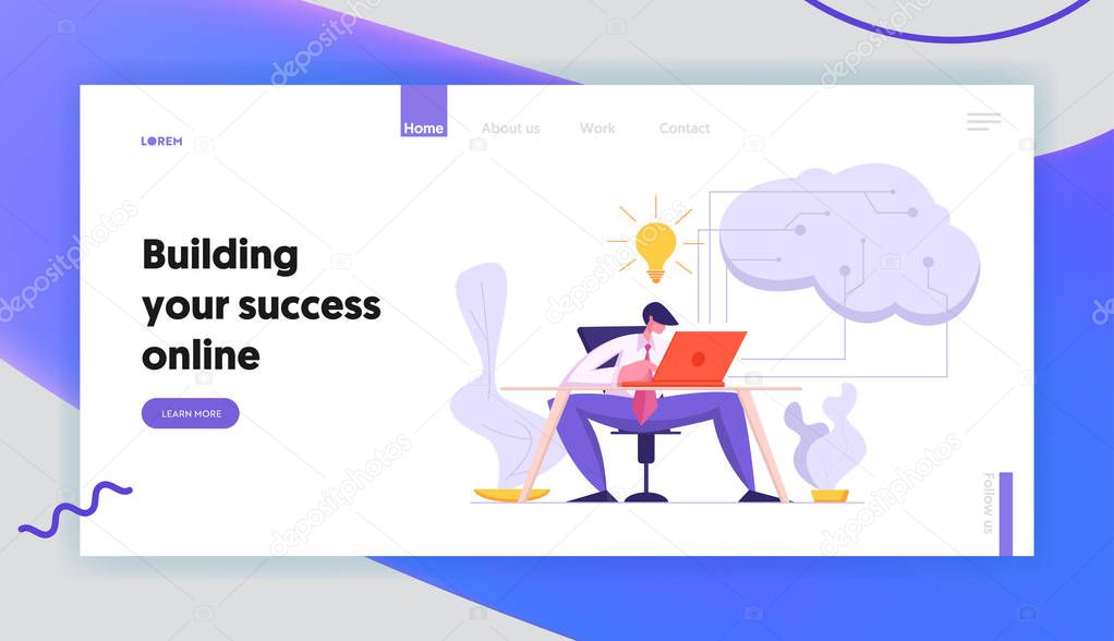 Software Developer Coding with Laptop Landing Page. Artificial Intelligence, Digital Mind Concept with Male Character Project Manager Programming Website for Banner, Web Page. Vector flat cartoon illustration