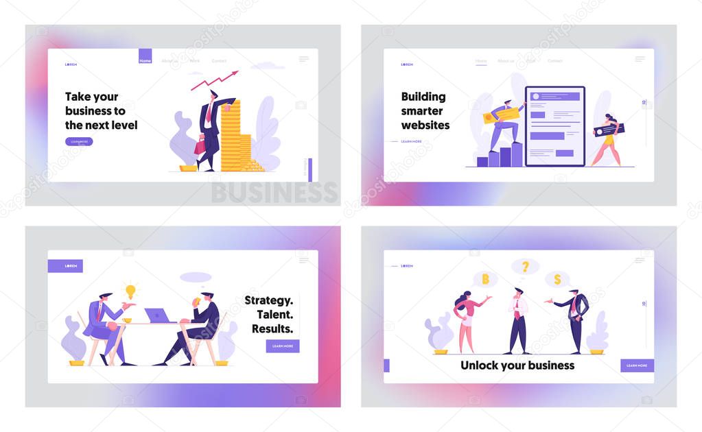 Web Software Development Concept Banner. Characters Partnership Meeting. Man and Woman Programmer Coding Mobile App Landing Page. Rich Businessman with Stack of Money. Vector flat cartoon illustration