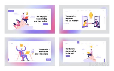 İş Ortaklığı İşbirliği Açılış Sayfası Seti. Erkek ve Kadın Smartphone ile Handshaking. Peak Banner Laptop ile Çalışan İşadamı ile Hedef Başarı, Web Sitesi. Vektör düz illüstrasyon