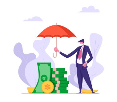 Banknot Yığını Altında İşadamı Holding Şemsiye ile Para Sigortası Kavramı. Para Koruma Finansal Tasarruf, Güvenli Yatırım. Vektör düz karikatür illüstrasyon