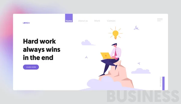 マウンテンバナーのウェブサイトの上で作業ラップトップを持つビジネスマン。ピークに創造的なアイデア電球コーディングを持つ開発者。フリーランサープロジェクトマネージャーキャラクターコンセプトランディングページ。ベクトルフラットイラスト — ストックベクタ