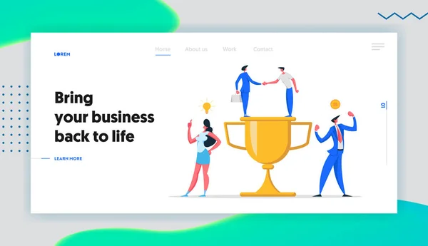 Business Team Concetto di successo con personaggi e Cup Landing Page. Realizzazione del lavoro di squadra, celebrazione della vittoria, partnership uomo e donna che festeggiano con il sito web di Trophy Banner. Illustrazione piatta vettoriale — Vettoriale Stock