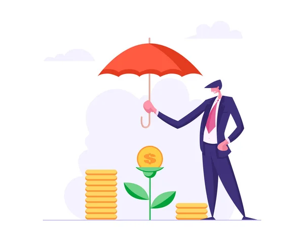 Концепція фінансового страхування з бізнесменом, який тримає парасольку під грошовим деревом. Захист грошей Фінансові заощадження, Безпечні інвестиції. Векторна плоска мультяшна ілюстрація — стоковий вектор