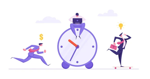 Business Deadline Time Management Concept con uomini d'affari e sveglia. Lavoratori d'ufficio che corrono al lavoro. Soluzione di pianificazione e strategia. illustrazione del fumetto piatto vettoriale — Vettoriale Stock