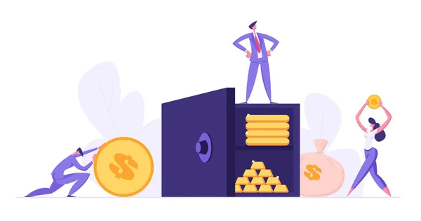 Concepto de caja de seguridad con personas recogiendo ahorros de dinero. Empleados del Banco, Inversión del Fondo con Personajes y Ganancias. Vector plano ilustración de dibujos animados — Vector de stock