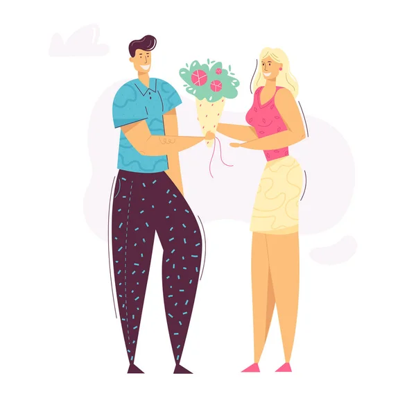 Lyckligt par dating. Manlig karaktär ger bukett blommor till sin flickvän. Man föreslår kärlek till ung vacker kvinna. Vektor platt tecknad illustration — Stock vektor