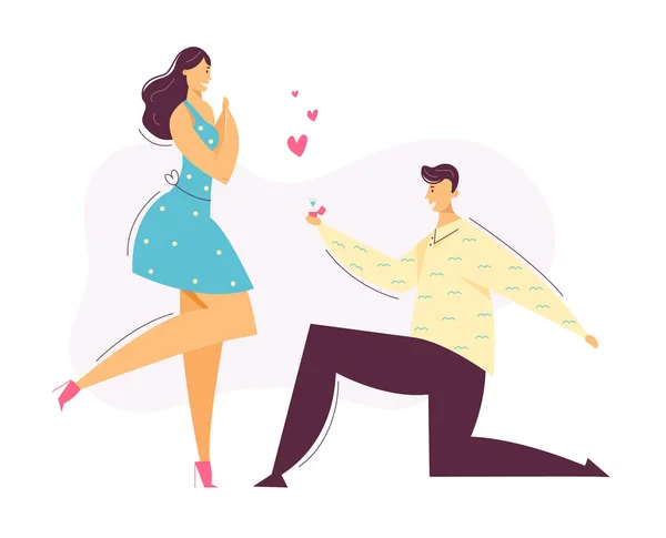 Happy Couple in Love. Man makes Marriage Proposal to Girlfriend. Groom Gives Engagement Ring to the Bride Kneel. Vector flat cartoon illustration — Stockový vektor