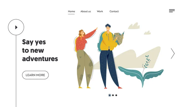 Caminhadas Turistas nas Montanhas Adventure Landing Page. Casal viajante com mochila e mapa caminhando e caminhando. Conceito de Turismo com Personagens Backpacker Homem e Mulher Site Banner. Ilustração de desenho animado plano vetorial —  Vetores de Stock