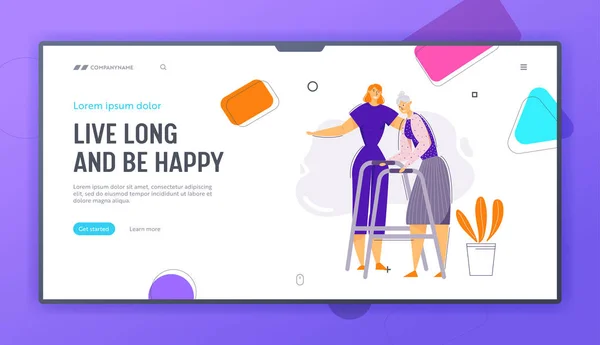 Help and Care Old People Concept Landing Page. Female Character Helps Elderly Woman to Walk. Senior Patient and Nurse. Pensioner Therapy Banner Website. Vector flat cartoon illustration