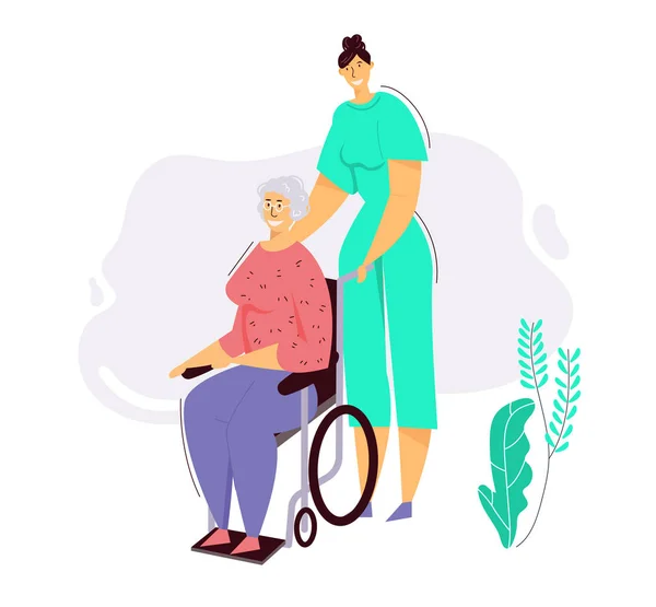 Медсестра допомагає старшій жінці на інвалідному візку. Старі люди з обмеженими можливостями характеризуються в будинку престарілих. Соціальний працівник піклується про пацієнта. Медична допомога, концепція охорони здоров'я. Векторна плоска мультяшна ілюстрація — стоковий вектор