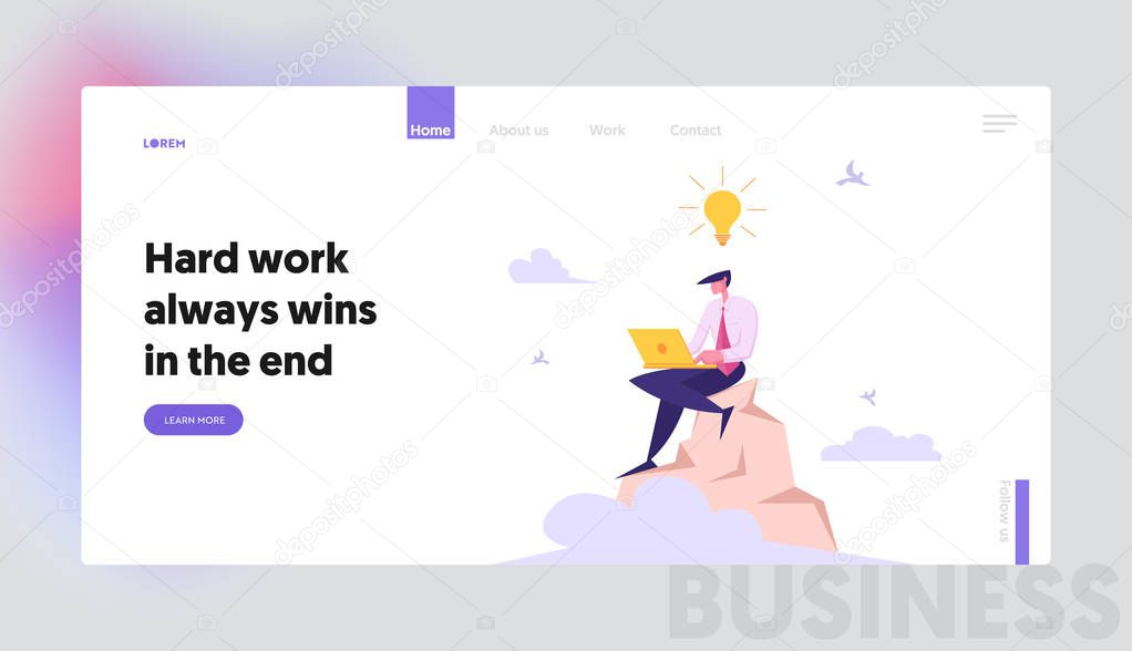 Businessman with Laptop Working on Top of Mountain Banner Website. Developer with Creative Idea Light Bulb Coding on the Peak. Freelancer Project Manager Character Concept Landing Page. Vector flat illustration