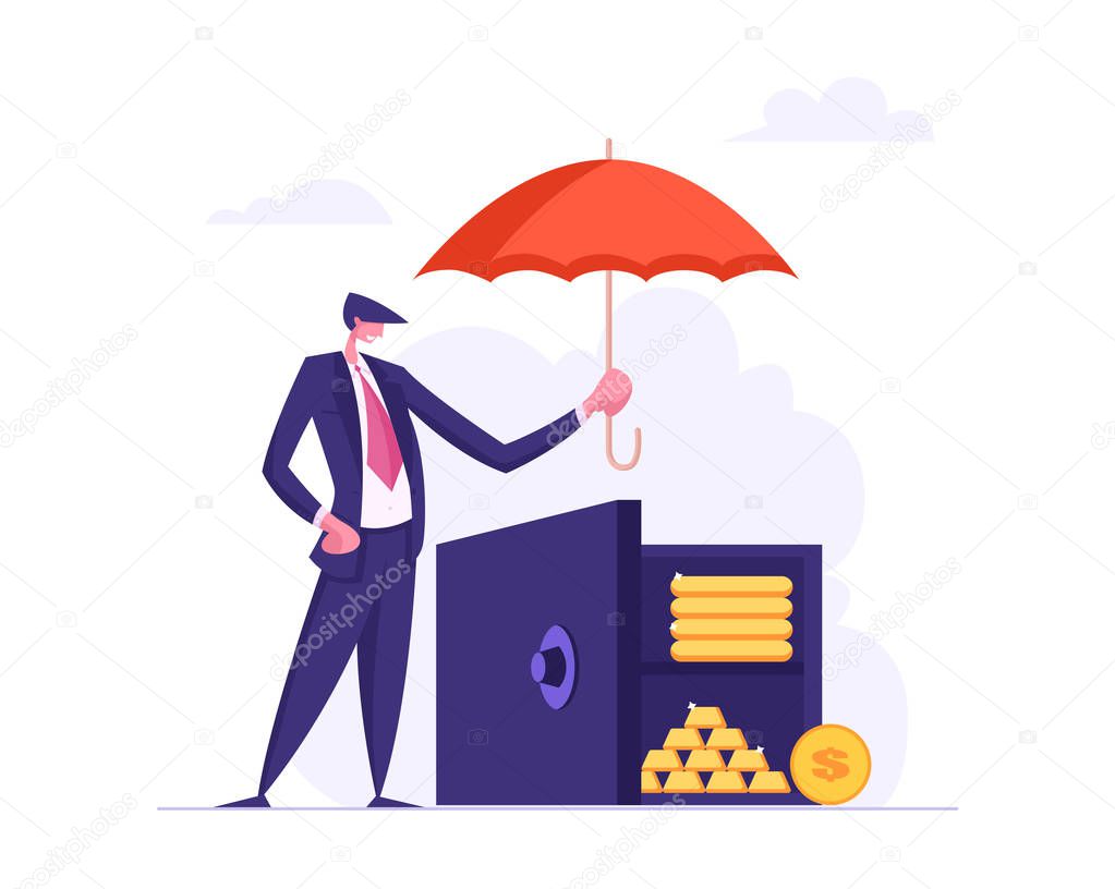 Money Insurance Concept with Businessman Holding Umbrella Under Bank Deposit Box. Money Protection Financial Savings, Secure Investment. Vector flat cartoon illustration