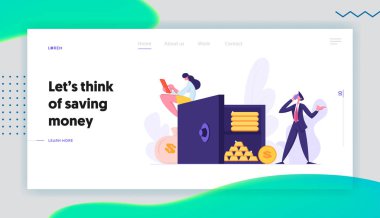 Kişiler ve Para Tasarrufu ile Güvenli Kasa Kavramı Açılış Sayfası Şablonu. Banka Çalışanları, Karakter ve Kazanç Web Sitesi Banner ile Fon Yatırım. Vektör düz karikatür illüstrasyon