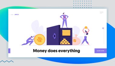 İnsanlar Para Tasarrufu Toplama ile Güvenli Mevduat Kutusu Web Banner Kavramı. Banka Çalışanları, Karakterler ve Kazançaçılış Sayfası ile Fon Yatırım. Vektör düz karikatür illüstrasyon