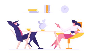 İş Toplantısı Konsepti. İşadamı ve Kadın Kahve Molasında Konuşuyor. Meslektaşları Karakterler Beyin Fırtınası, Tartışma Fikir İletişim. Vektör düz karikatür illüstrasyon