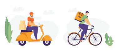 Paket ile Teslimat Adam Sürme Scooter. Motosiklet erkek karakteri ile Hızlı Teslimat Nakliye Hizmeti Kavramı. Bisikletle Yemek Dağıtan Adam. Vektör düz karikatür illüstrasyon