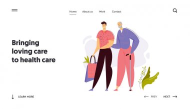 Genç Adam İhtiyara Alışveriş İniş Sayfasında Yardım Ediyor. Yaşlı Adam Karakterli Sosyal Hizmetler Görevlisi. Yaşlılar Konsepti Sağlık Destek Sitesi Afiş Şablonu. Vektör düz çizgi film illüstrasyonu