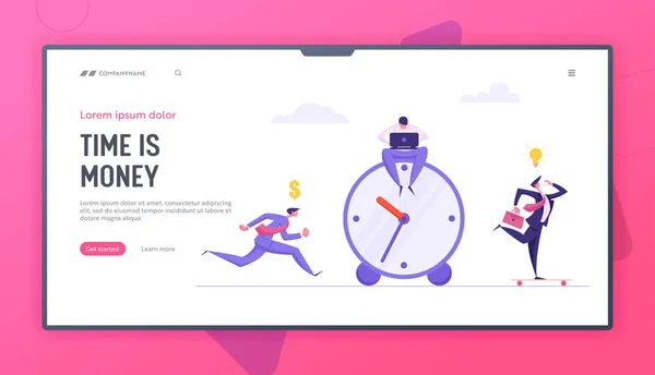 Business Deadline Time Management Landing Page Template Conceito com empresários e relógio de alarme. Trabalhadores de escritório correndo para o trabalho. Banner de solução de planejamento e estratégia. Ilustração de desenho animado plano vetorial — Vetor de Stock