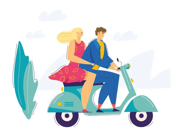 Scooter de montar en pareja feliz. Smiling Male and Female Characters Driving Motorbike. Concepto de transporte urbano. Vector plano ilustración de dibujos animados — Vector de stock