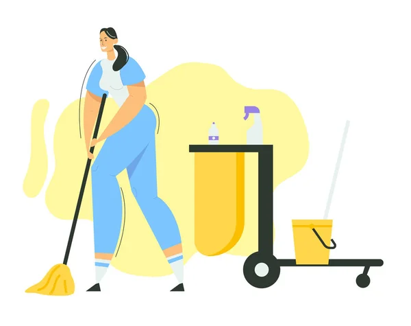 Žena čistič postava s mop a kýbl. Úklidová služba s ženským personálem s vybavením. Doma uklízečka, uklízečka. Vektorová plochá ilustrace — Stockový vektor