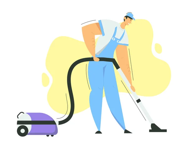 Pria Karakter dengan Vacuum Cleaner. Layanan Pembersihan dengan Staf Pria dengan Peralatan. Pembantu Rumah Tangga Vacuuming Home, Petugas kebersihan. Ilustrasi rata vektor - Stok Vektor