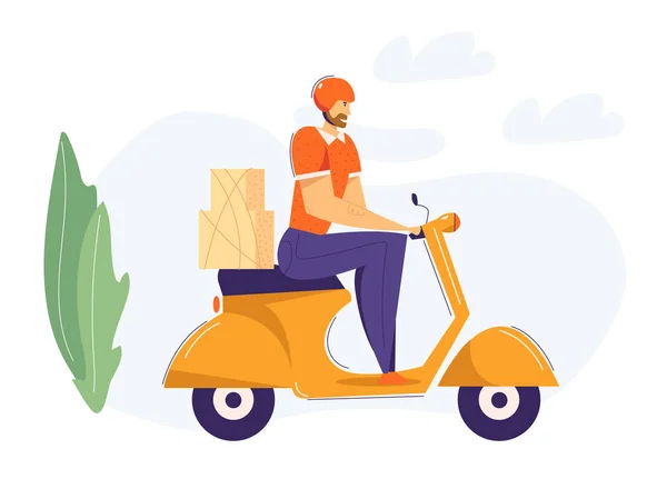 Delivery man ridning scooter med paket. Snabb leverans transport service koncept med manlig karaktär på motorcykel. Vektor platt tecknad illustration — Stock vektor