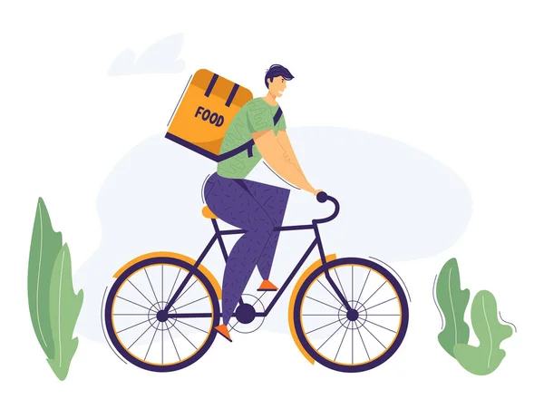 Consegna Man Equitazione Bicicletta con scatola di cibo sul retro. City Bike Servizio di Consegna con Man Character Carry Package dal Ristorante. Illustrazione piatta vettoriale — Vettoriale Stock
