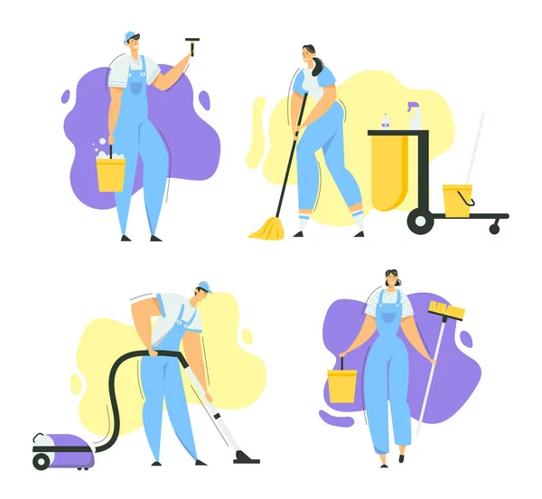 Personagens de limpeza com esfregão, aspirador e ferramentas. Serviço de limpeza com pessoal com equipamentos. Housewife Washing Home, empregado de limpeza. Ilustração plana vetorial — Vetor de Stock