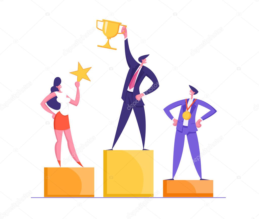 Happy Businessmen Standing on the Winning Podium with Award. Super Businessman with Golden Trophy Cup. Teamwork, Career, Goal Achievement Concept with Successful Characters. Vector flat illustration