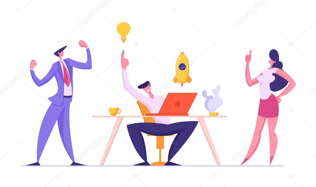 Successful Teamwork Concept with Group of Business People Characters Launching Start Up Project. Team Working Together, Brainstorming Creative Idea. Vector flat cartoon illustration