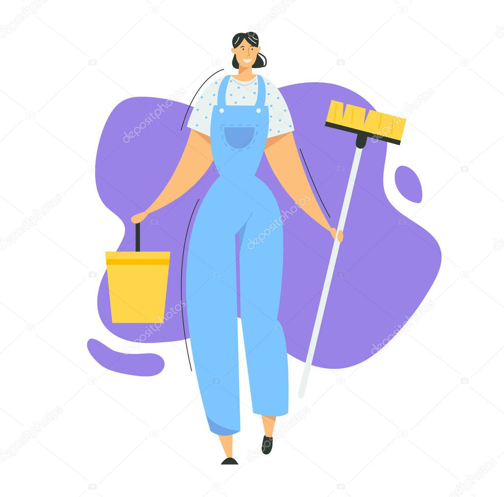 Woman Cleaner Character with Mop and Bucket. Cleaning Service with Female Staff with Equipment. Housewife Washing Home, Janitor Worker. Vector flat illustration